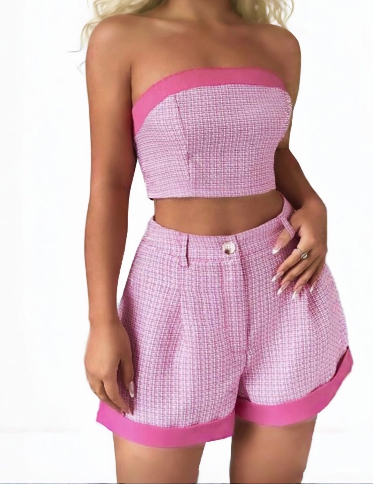 Pink tweed Co ord crop top & shorts