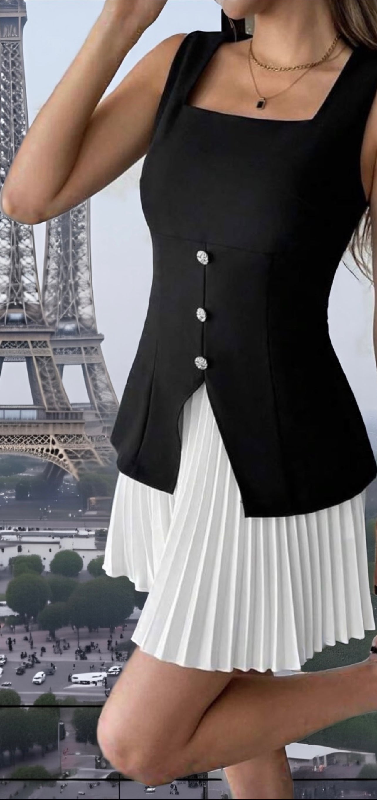 Black & White Contrast Split Hem Pleated Dress