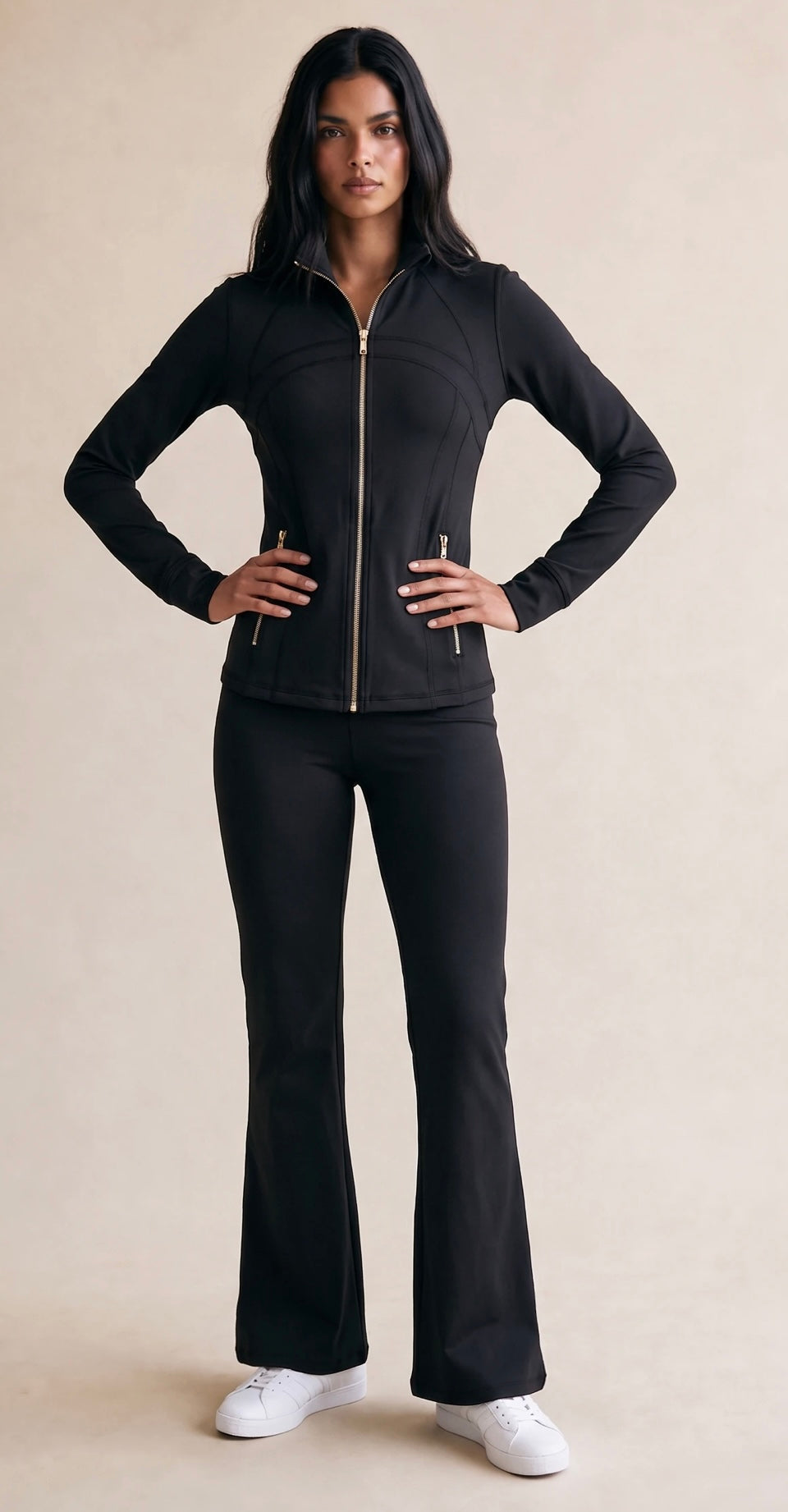 Panelled Fitted Gym Jacket And Flare Trouser Set