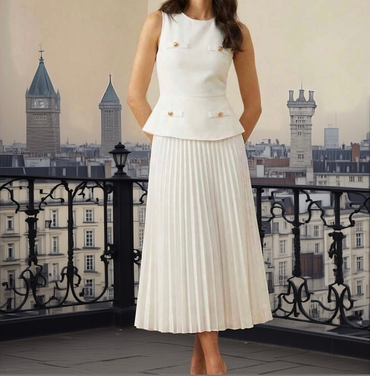 Bb Sleeveless white dress with pleated skirt