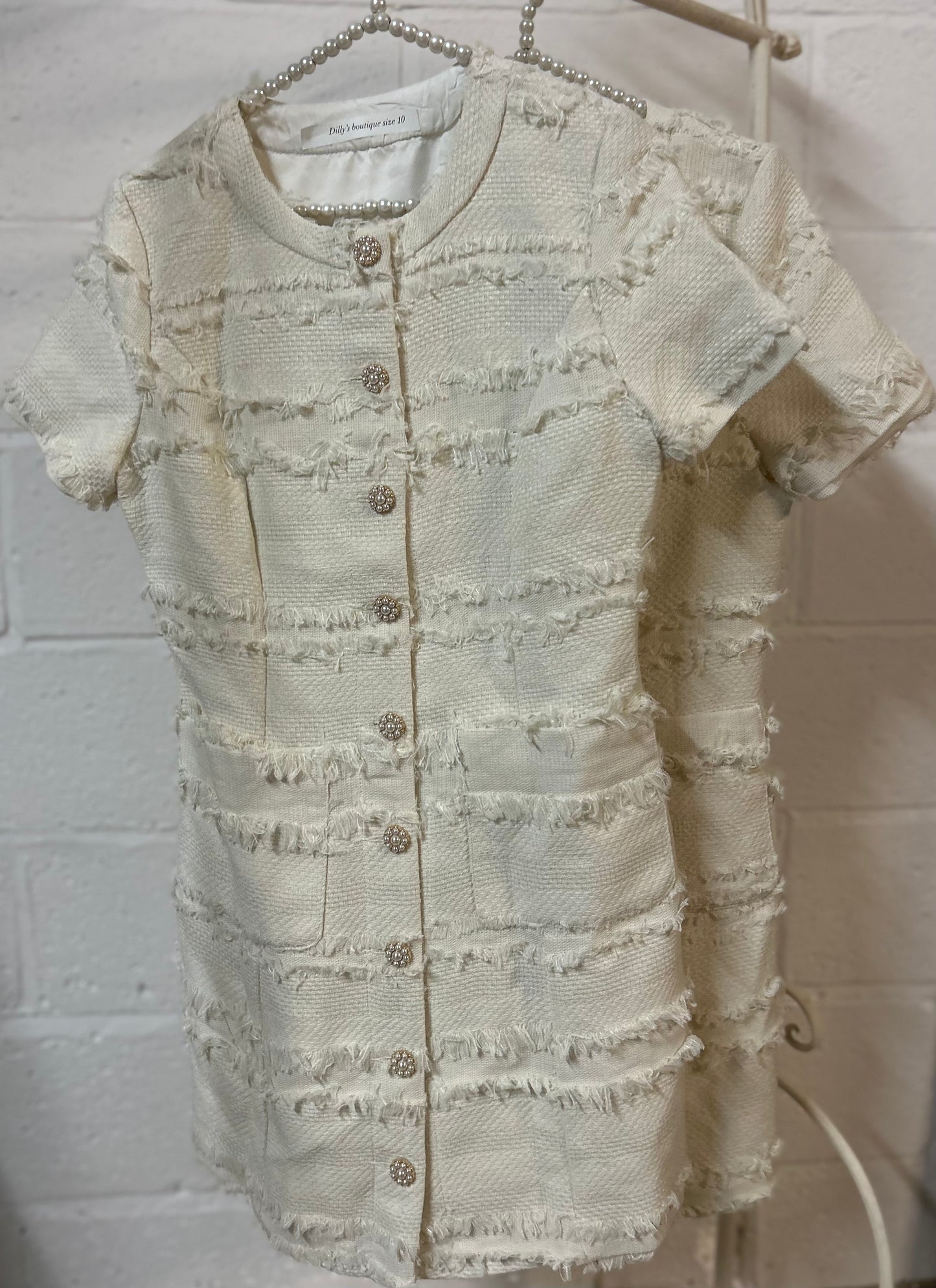 Tweed short sleeve dress pearl button