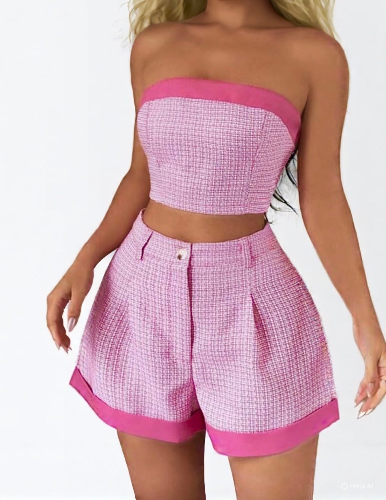 Pink tweed Co ord crop top & shorts