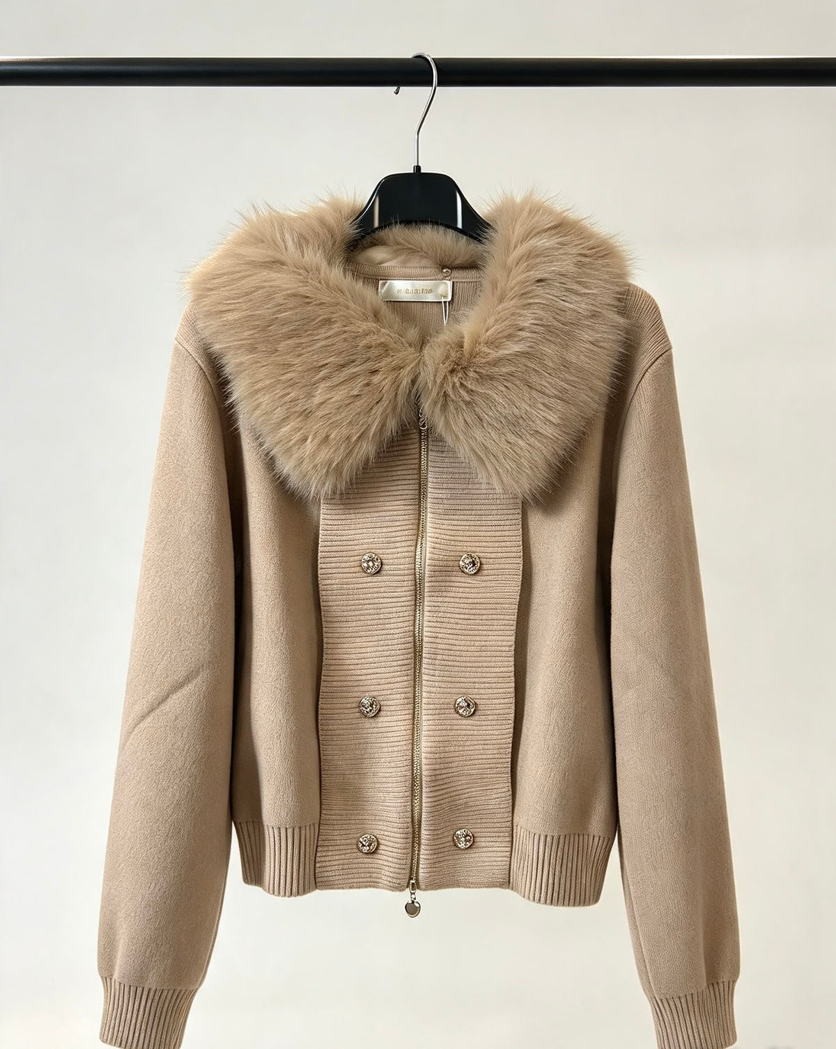 Beige faux fur collar cardigan