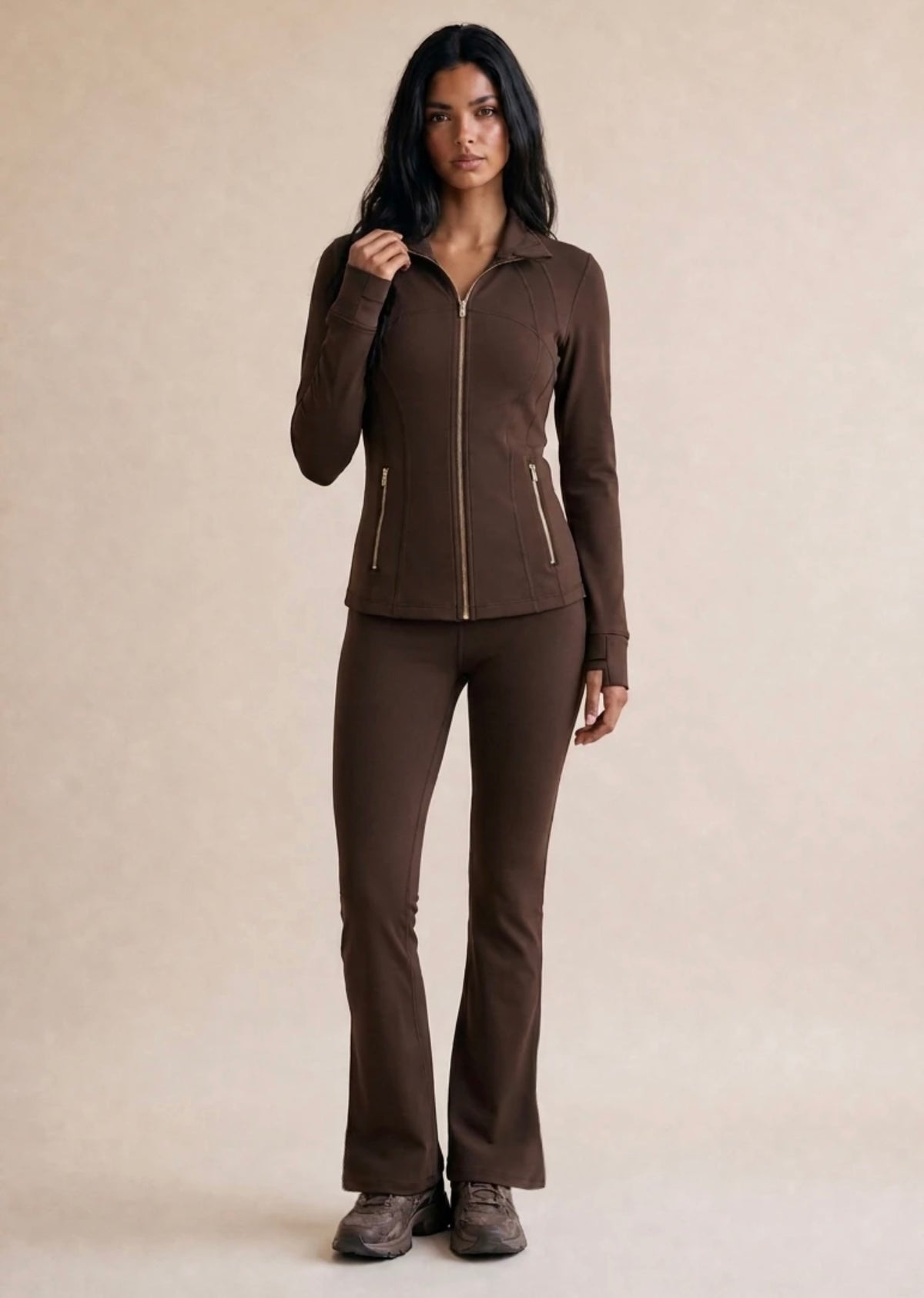 Panelled Fitted Gym Jacket And Flare Trouser Set