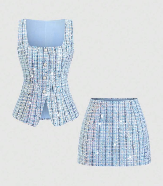 Blue sequin tweed Co ord