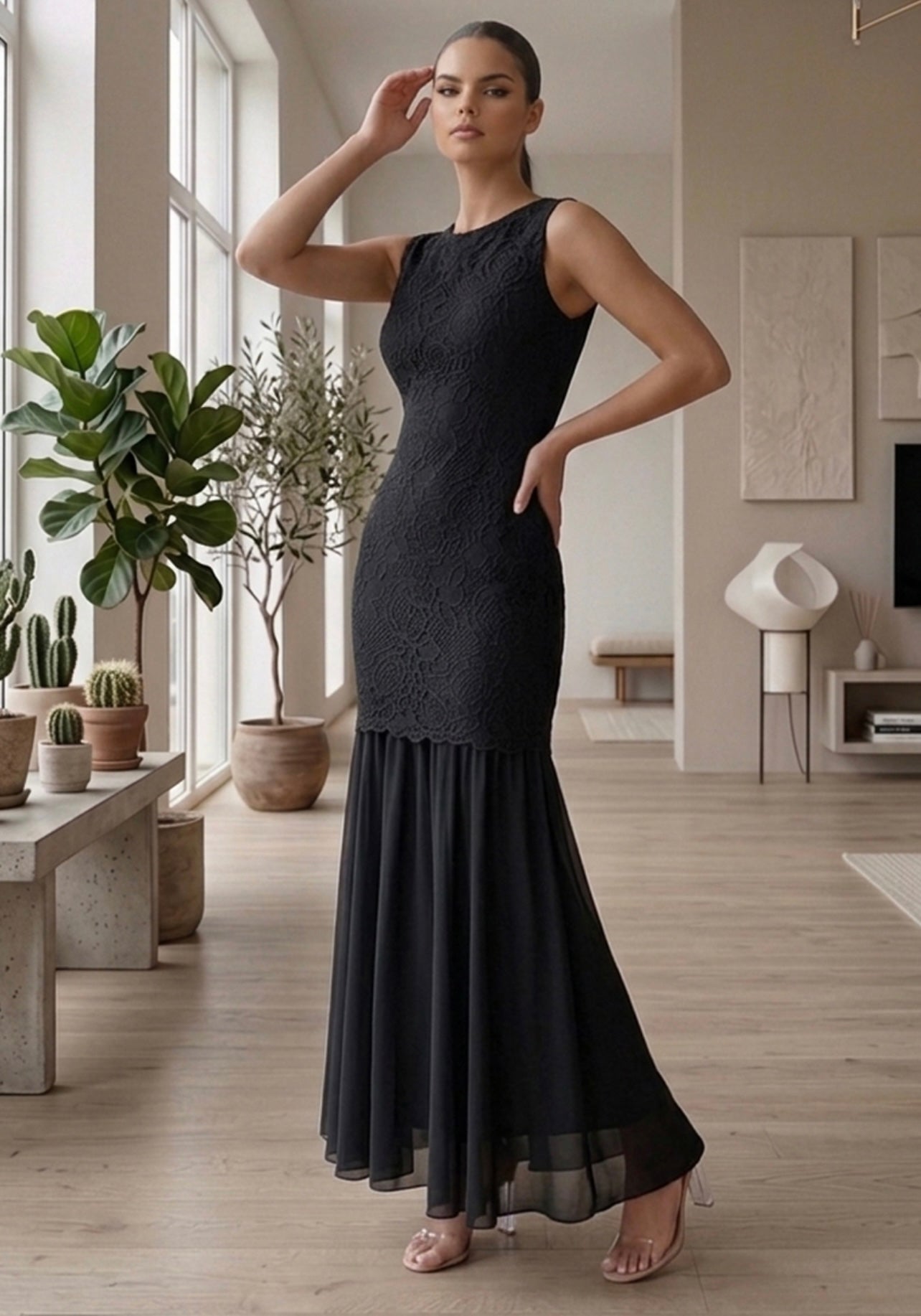 Crochet Chiffon Hem Maxi Dress