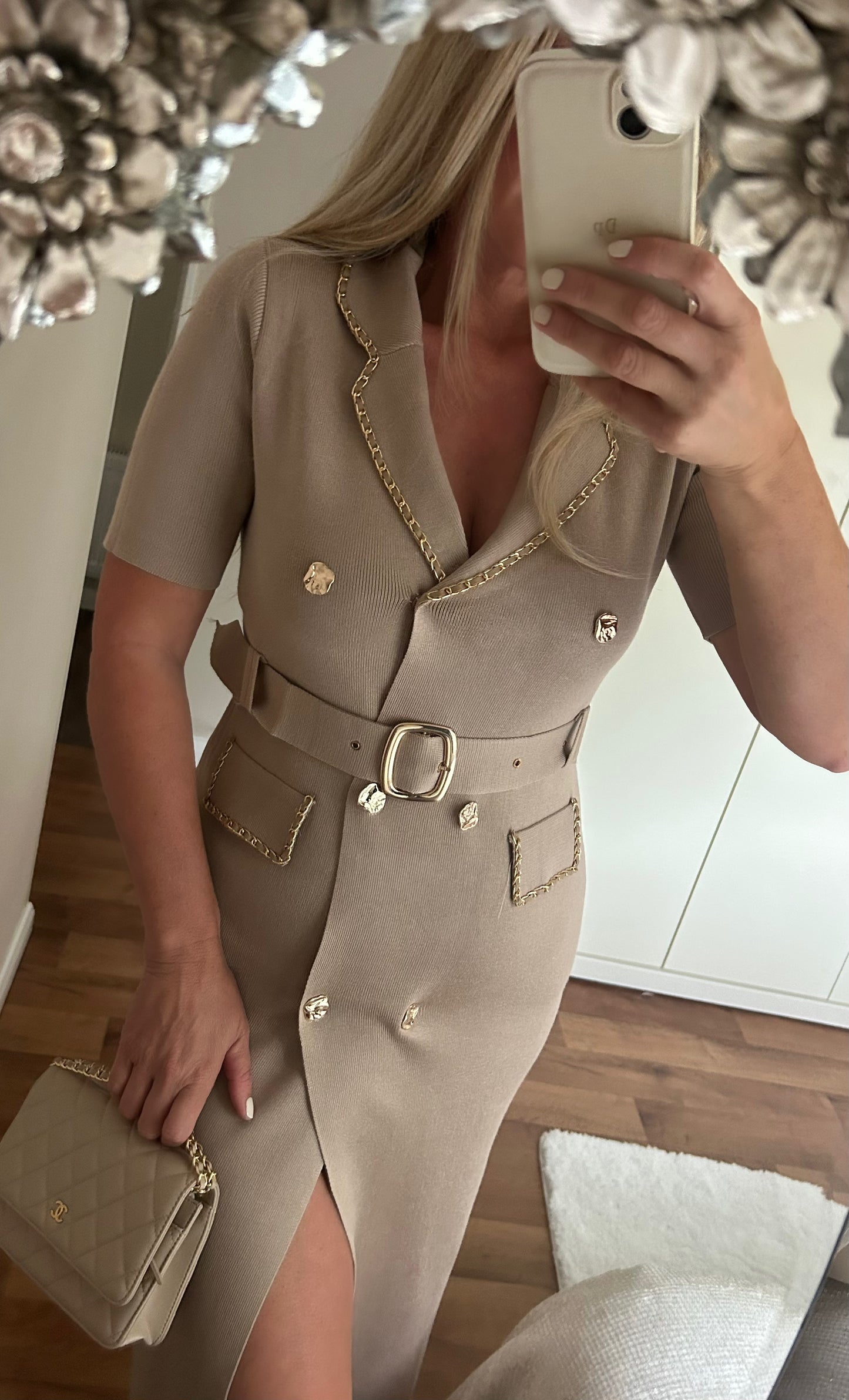 Gold chain belted midi length dress