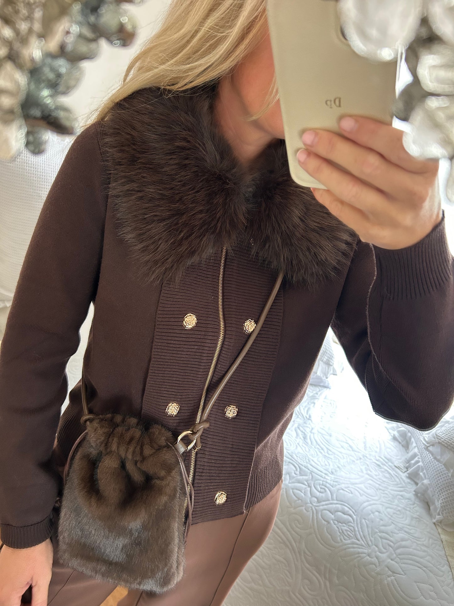 Faux fur collar cardigan