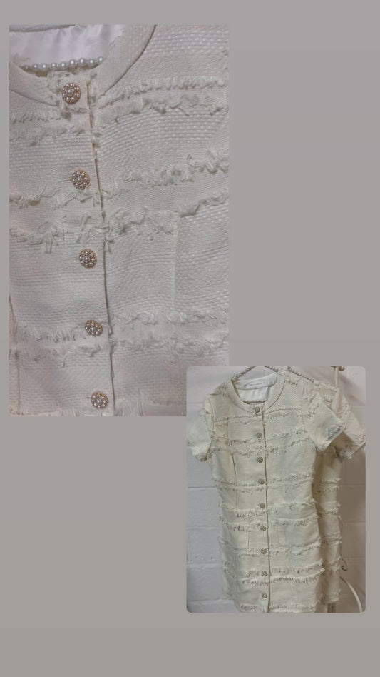 Tweed short sleeve dress pearl button
